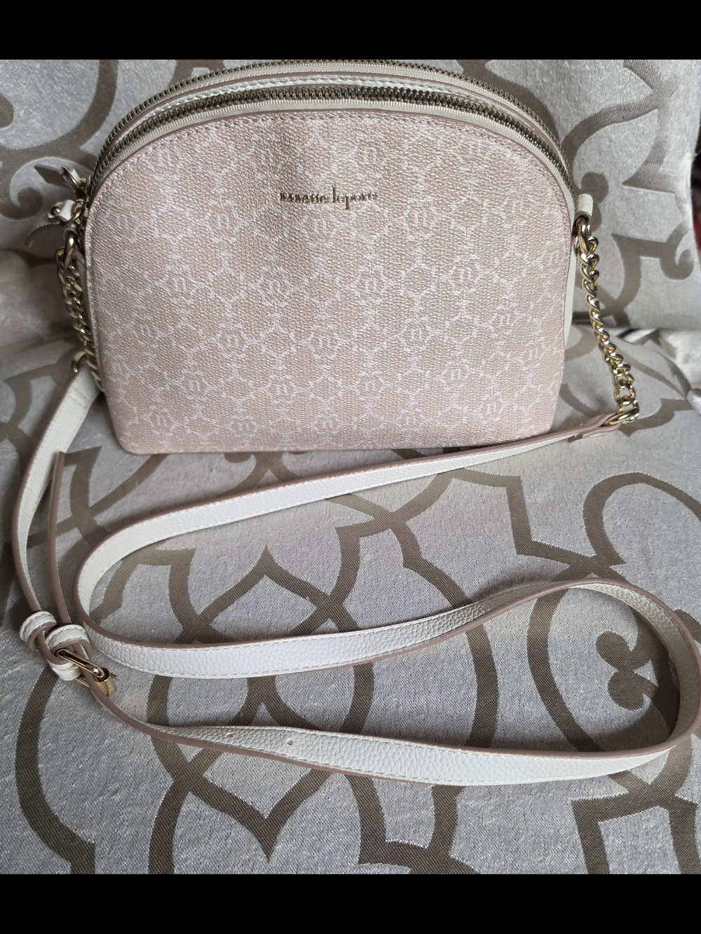 Nanette Lepore Blush Pink And Tan Patterned Dome Crossbody with Gold Accents - Picture 4 of 11